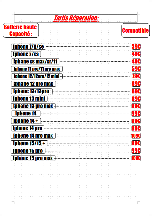 Tableau de tarifs de réparation